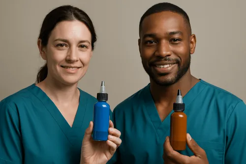 2 people in scrubs holding organic and inorganic tattoo ink